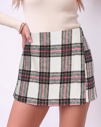 Multi White Women's Plaid Skort High Waist Faux Wrap Mini Skirt with Side Zipper, Elastic Back & Built-in Shorts