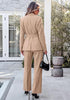 Khaki Women's 2 Piece Blazer Pants Suit, Business Casual Long Sleeve Belted Double Breasted Blazer & Elastic High Waisted Flared Pants Set, Dressy Office Work Outfits