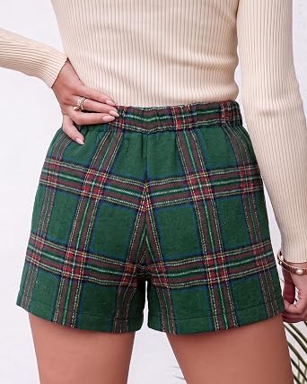 Dark Green Red Women's Plaid Skort High Waist Faux Wrap Mini Skirt with Side Zipper, Elastic Back & Built-in Shorts