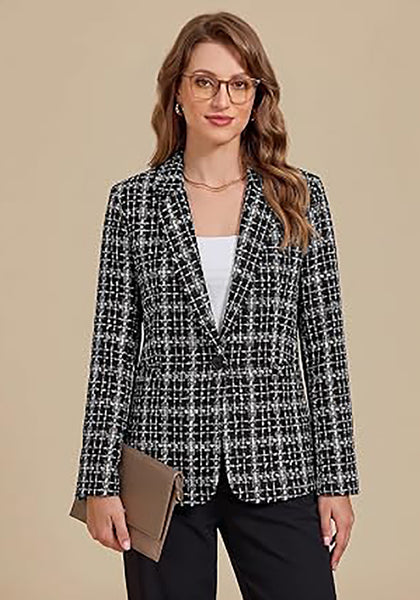 Black &White Women's Plaid Tweed Work Blazer | Long Sleeve Notched Lapel Jacket, Fully Lined, Shoulder Pads, Single Button, 2 Pockets – Office, Interview, Business Casual