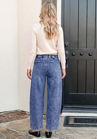 GRAPENT Women's High Waisted Baggy Barrel Jeans | Stretchy Denim, Elastic Drawstring Waist, Pull On, 27.5" Inseam, Ankle Length, Dressy Casual Outfits