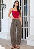 Khaki Brown Leopard  Women's Trendy Leopard Barrel Jeans — High Waisted Baggy Wide Leg Stretchy Denim Pants with Front Seam & Ankle Length