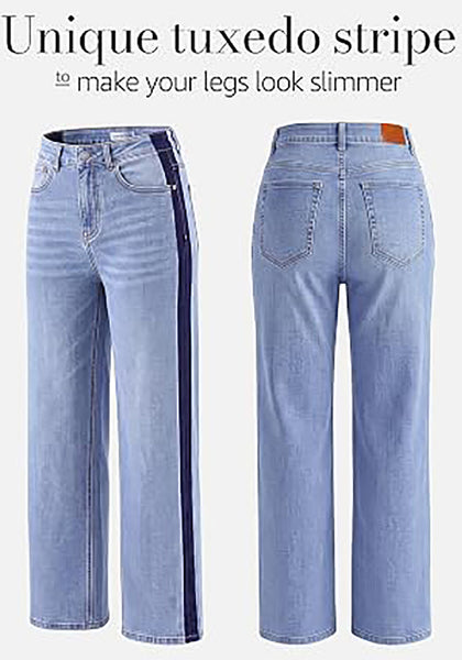Lakeside Blue Women's High Waisted Straight Leg Jeans, Tuxedo Side Stripe Stretchy Denim Pants, 29" Inseam Relaxed Fit 90s Style Concert Outfits