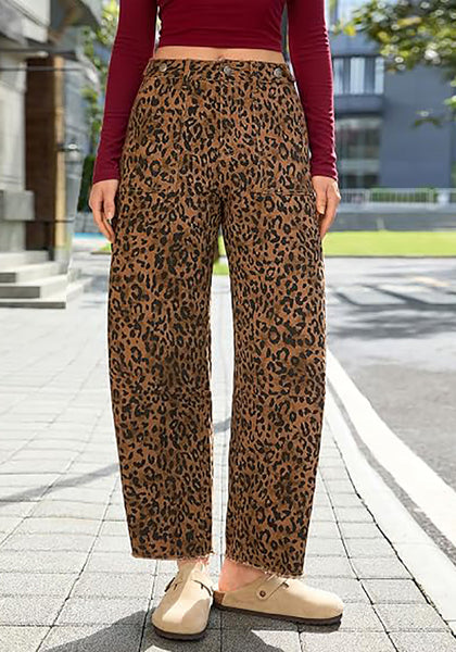 GRAPENT Women's High Rise Leopard Barrel Jeans | Leopard Print Denim, Adjustable Cinched Waist, Frayed Hem, 28" Inseam, Country Concert Casual Work Wear