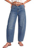 Vintage Blue Women's Trendy Barrel Jeans — High Waisted Baggy Wide Leg Denim Pants with Cinched Waist, Front Seam & Ankle Length