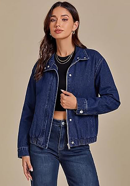 Darkness Blue Women's Funnel Neck Denim Jacket — Oversized Zip Up Jean Jacket with Drop Shoulder, Elastic Hem & Side Slant Pockets