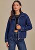 Darkness Blue Women's Funnel Neck Denim Jacket — Oversized Zip Up Jean Jacket with Drop Shoulder, Elastic Hem & Side Slant Pockets