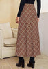 Cinnamon & Khaki Women's Trendy Plaid Maxi Skirt — High Waisted A Line Long Skirt with Side Slit, Vintage Pattern & Back Elastic Waist
