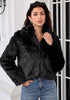 Black Women's Solid Color Shaggy Faux Fur Jacket — Cropped Long Pile Coat with Lapel Collar, Hook Closure & Drop Shoulder