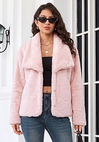 Light Pink Wide Lapel Faux Fur Coat for Women — Oversized Dropped Shoulder Jacket with Side Pockets & Snap Buttons