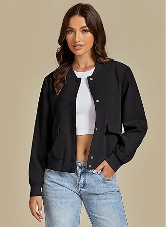 Black Women's Casual Fully Buttoned Jackets Baseball Collar Front Pocket Moderate Fit Slight Stretch.