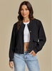 Black Women's Casual Fully Buttoned Jackets Baseball Collar Front Pocket Moderate Fit Slight Stretch.