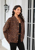 Brown Leopard Women's Leopard Print Bomber Jacket — Oversized Brushed Wool Blend Cheetah Jacket with Stand Collar, Snap Buttons & Elastic Hem