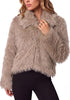 khaki Women's Solid Color Shaggy Faux Fur Jacket — Cropped Long Pile Coat with Lapel Collar, Hook Closure & Drop Shoulder