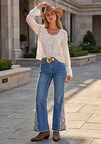 Vintage Blue  Women's Floral Embroidery Flare Jeans — High Waisted Stretchy Bootcut Denim with Raw Frayed Hem & Retro Distressed Wash