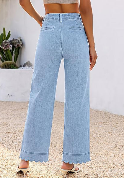 GRAPENT Women's High Waisted Scalloped Ankle Jeans | Stretchy Denim, Straight Wide Leg, 27.5" Inseam, Patched Pockets, Work Office Dressy Casual