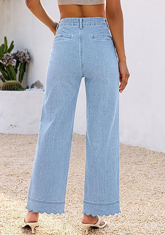 GRAPENT Women's High Waisted Scalloped Ankle Jeans | Stretchy Denim, Straight Wide Leg, 27.5" Inseam, Patched Pockets, Work Office Dressy Casual