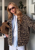 Safari Leopard Women's Leopard Print Bomber Jacket — Oversized Brushed Wool Blend Cheetah Jacket with Stand Collar, Snap Buttons & Elastic Hem