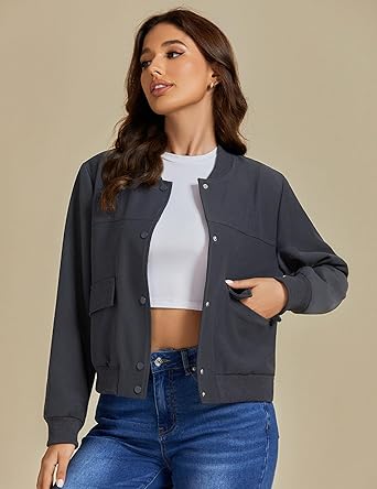 Charcoal Women's Casual Fully Buttoned Jackets Baseball Collar Front Pocket Moderate Fit Slight Stretch.