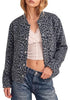 Grey  Cheetah Women's Leopard Print Bomber Jacket — Oversized Brushed Wool Blend Cheetah Jacket with Stand Collar, Snap Buttons & Elastic Hem