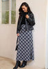 Navy Blue & White Women's Trendy Plaid Maxi Skirt — High Waisted A Line Long Skirt with Side Slit, Vintage Pattern & Back Elastic Waist
