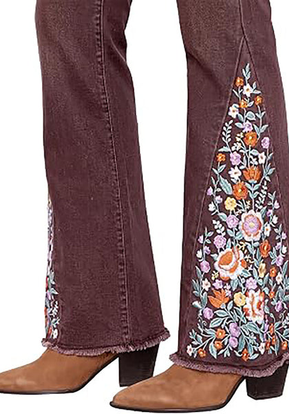 Coffee Brown Women's Floral Embroidery Flare Jeans — High Waisted Stretchy Bootcut Denim with Raw Frayed Hem & Retro Distressed Wash