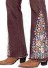 Coffee Brown Women's Floral Embroidery Flare Jeans — High Waisted Stretchy Bootcut Denim with Raw Frayed Hem & Retro Distressed Wash
