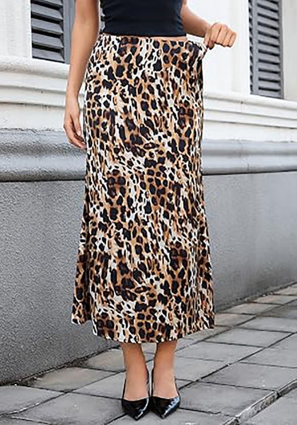 Cashew Cheetah  Women's Leopard Print Satin Maxi Skirt — High Waisted Bias Cut A Line Slip Skirt with Stretchy Elastic Waistband