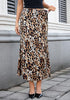 Cashew Cheetah  Women's Leopard Print Satin Maxi Skirt — High Waisted Bias Cut A Line Slip Skirt with Stretchy Elastic Waistband