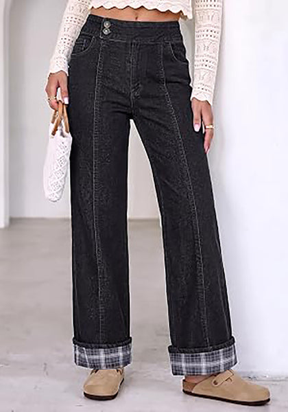 Black Women's High Rise Wide Leg Jeans — Stretchy Denim Pants with Double Button Waistband, Vertical Seam & Contrast Plaid Cuffs