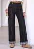 Black Women's High Rise Wide Leg Jeans — Stretchy Denim Pants with Double Button Waistband, Vertical Seam & Contrast Plaid Cuffs