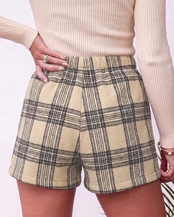 Beige Black Women's Plaid Skort High Waist Faux Wrap Mini Skirt with Side Zipper, Elastic Back & Built-in Shorts