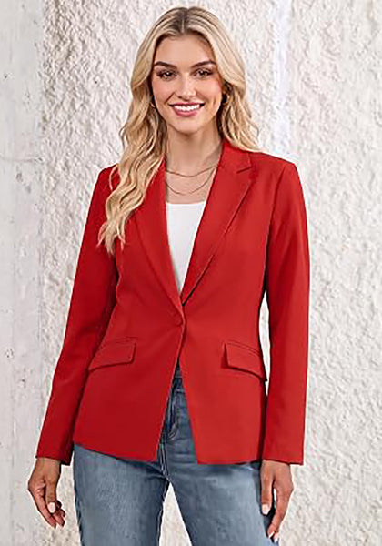 Red Women's Notched Lapel Blazer, Single Button Shoulder Pads Suit Jacket, Long Sleeve Business Casual Work Office Blazer with Pockets & Back Slit