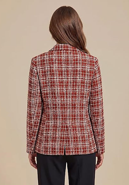 GRAPENT Women's Tweed Plaid Blazer | Notched Lapel, Fully Lined, Shoulder Pads, Single Button, 2 Pockets, Interview Office Business Casual