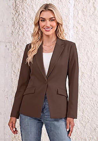 Coffee Brown Women's Notched Lapel Blazer, Single Button Shoulder Pads Suit Jacket, Long Sleeve Business Casual Work Office Blazer with Pockets & Back Slit
