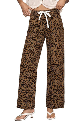 GRAPENT Women's High Waisted Wide Leg Leopard Jeans | Leopard Print Denim, Drawstring Waist, Loose Straight Leg, 28" Inseam, Dressy Casual Everyday Wear