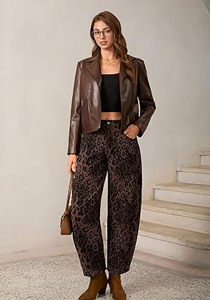 Brown Leopard Women's Trendy Leopard Barrel Jeans — High Waisted Baggy Wide Leg Stretchy Denim Pants with Front Seam & Ankle Length