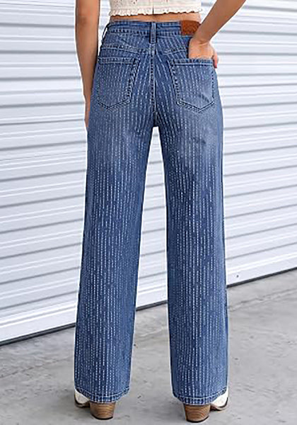 Classic Blue Women's Rhinestone Wide Leg Jeans, High Waisted Stretch Glitter Sparkly Embellished Denim Pants, 29.5" Inseam Trendy Party Night Out Outfits