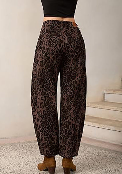 Brown Leopard Women's Trendy Leopard Barrel Jeans — High Waisted Baggy Wide Leg Stretchy Denim Pants with Front Seam & Ankle Length