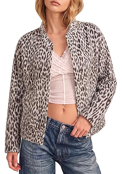 Light Grey Cheetah Women's Leopard Print Bomber Jacket — Oversized Brushed Wool Blend Cheetah Jacket with Stand Collar, Snap Buttons & Elastic Hem