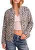 Light Grey Cheetah Women's Leopard Print Bomber Jacket — Oversized Brushed Wool Blend Cheetah Jacket with Stand Collar, Snap Buttons & Elastic Hem