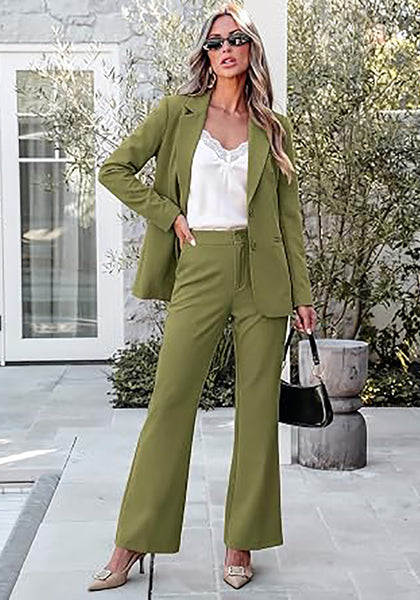 Olive Green Women's 2 Piece Pant Suits, Business Casual Buttoned Blazer and High Waisted Bootcut Pants Set, 29" Inseam Professional Office Fall Teacher Outfits