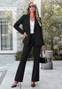 Black Women's 2 Piece Blazer Pants Suit, Business Casual Long Sleeve Belted Double Breasted Blazer & Elastic High Waisted Flared Pants Set, Dressy Office Work Outfits