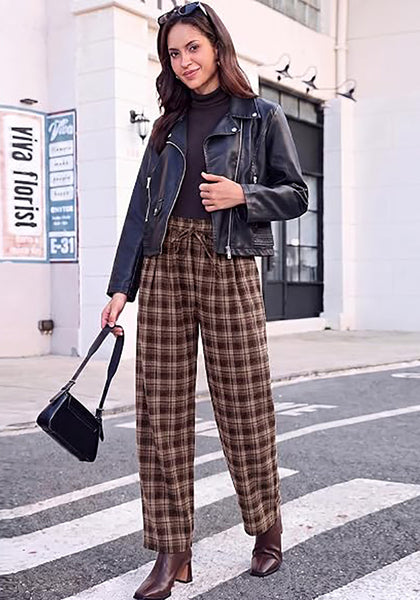 GRAPENT Women's High Waisted Plaid Barrel Pants | Tapered Wide Leg, Elastic Drawstring Waist, Front Pockets, Work Office Casual Fall Outfits