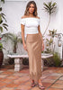 Tan Women's Satin Maxi Skirt — Silky Bias Cut Long Slip Skirt with Easy Pull On Elastic Waistband & Lace Trim Hem