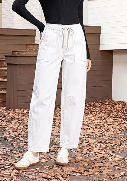 GRAPENT Women's High Waisted Baggy Barrel Jeans | Stretchy Denim, Elastic Drawstring Waist, Pull On, 27.5" Inseam, Ankle Length, Dressy Casual Outfits