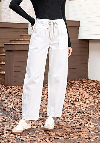 GRAPENT Women's High Waisted Baggy Barrel Jeans | Stretchy Denim, Elastic Drawstring Waist, Pull On, 27.5" Inseam, Ankle Length, Dressy Casual Outfits