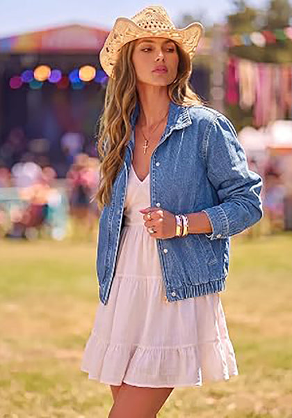 Medium Blue Women's Funnel Neck Denim Jacket — Oversized Zip Up Jean Jacket with Drop Shoulder, Elastic Hem & Side Slant Pockets