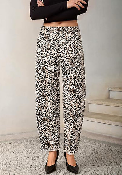 GRAPENT Women's High Rise Leopard Barrel Jeans | Leopard Print Denim, Adjustable Cinched Waist, Frayed Hem, 28" Inseam, Country Concert Casual Work Wear