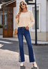Darkness Blue Women's Floral Embroidery Flare Jeans — High Waisted Stretchy Bootcut Denim with Raw Frayed Hem & Retro Distressed Wash